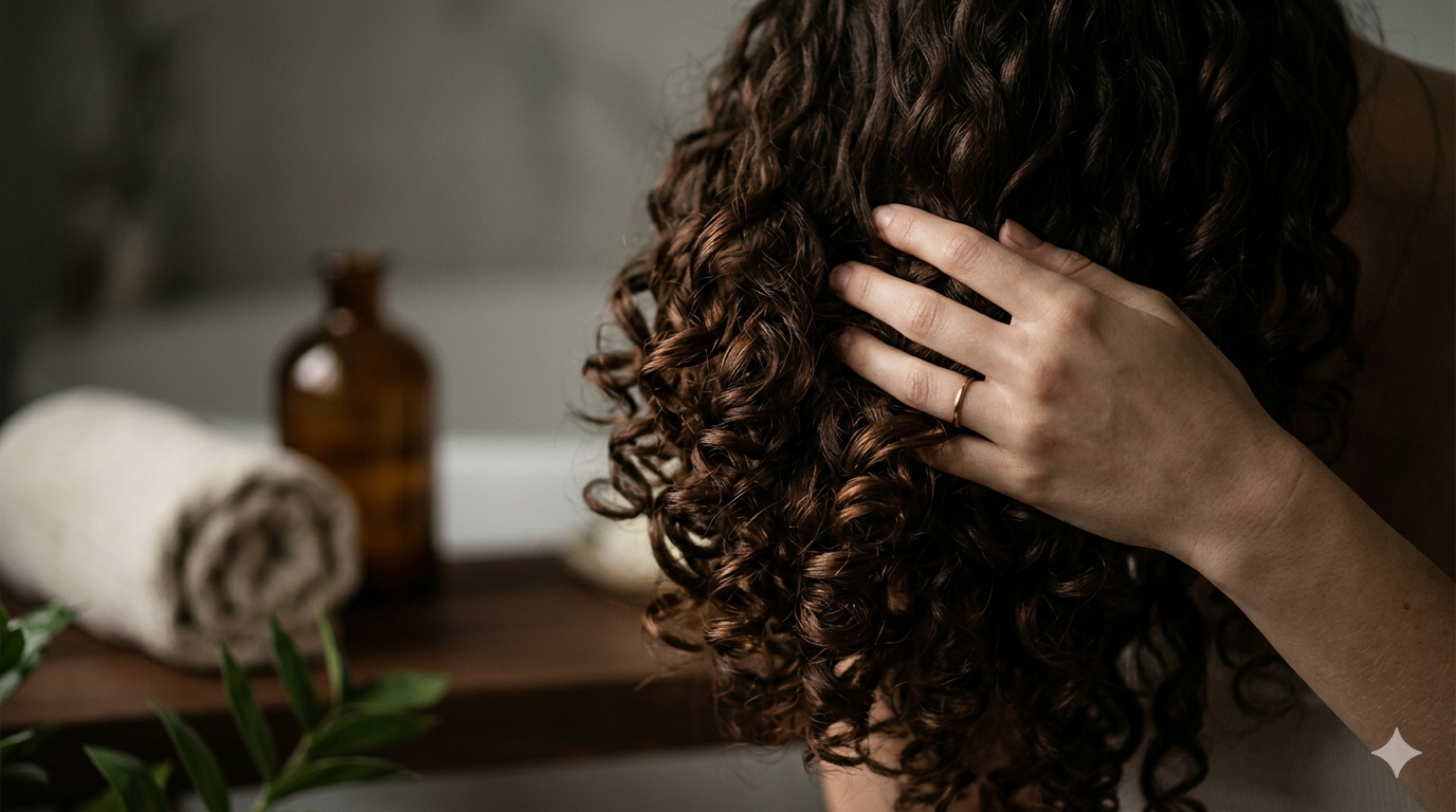 a girl touching on her hair 